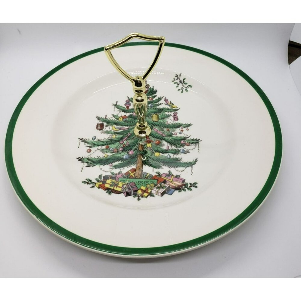 Spode Christmas Tree Tidbit Tray in Original Box, 1 Single Tier, Gold Handle